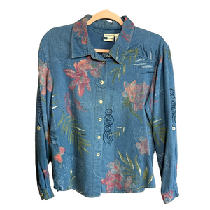 Vintage 90s Koret Beaded & Floral Painted Denim Button Down Shirt Size Large